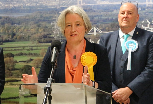 Claire Young gives her victory speech at the Thornbury & Yate count after the 2024 general election