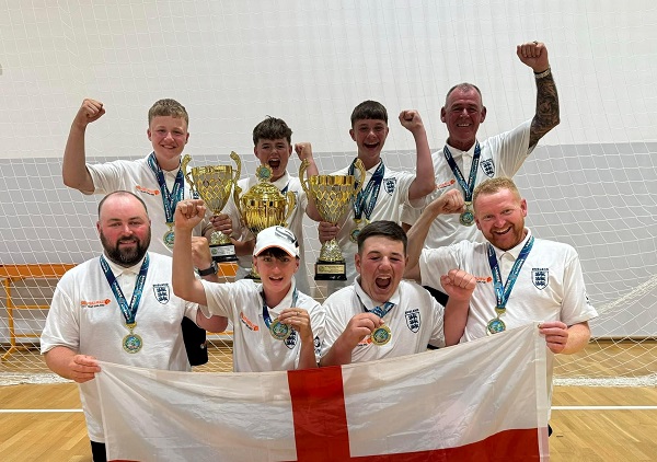 Charlie Isaacs (top, second left) with teammates and coaches Charlie Drinkwater, Barnaby Newman, Bill Reynolds, James Dent, Tom Higginbottom, Alfie Swieton and Matt Godfrey. Picture: The Angling Trust.