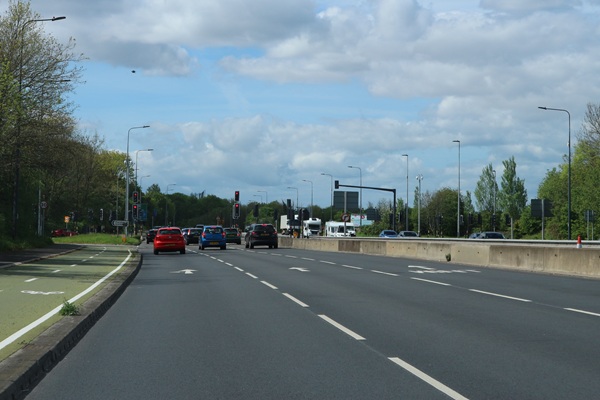 Barriers on the A4174 in April 2026 to stop traffic turning right towards Winterbourne.